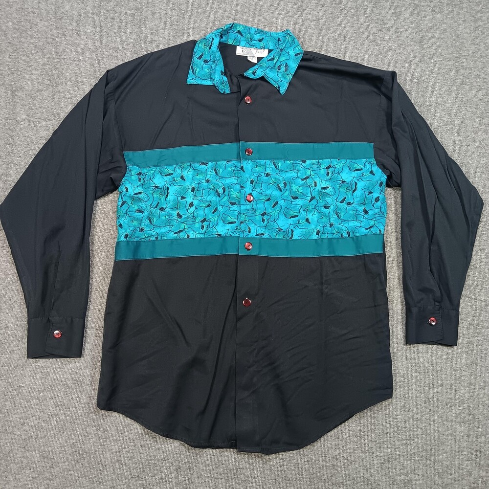 Smokey Joe's Shirt Mens Medium Black Blue Rayon Button Up Made USA Vintage Style